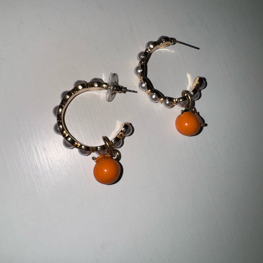 Elegant Gold and Orange Pearl Hoop Earrings